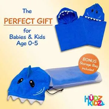 Hudz Kidz Premium Hooded Towel Poncho for Kids & Toddler - 100% Cotton (Blue Shark)