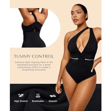 SHAPELLX Shapewear Swimsuits for Women Tummy Control V Neck One Piece Crisscross Back Bathing Suit?...