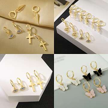 AIDSOTOU 12 Pairs Small Gold Butterfly Star Hoop Earrings Sets for Women Girls Mini Huggie Hoop Earrings with Dangle Charms