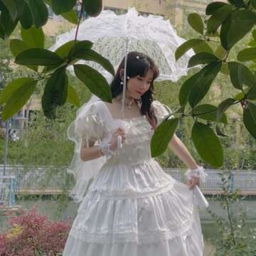 White Lace Parasol Umbrella Vintage Wedding Bridal Umbrella Parasol Lace Gloves Lace Handheld Folding Fan Embroidery Lace Parasol Set for Wedding Bride Tea Party Halloween Costume Party Decoration