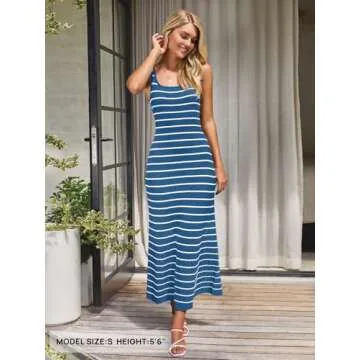 MEROKEETY Women's 2025 Sleeveless Summer Tank Dress Striped Bodycon Maxi Dress Square Neck Ribbed Knitted Sundress Dustyblue L