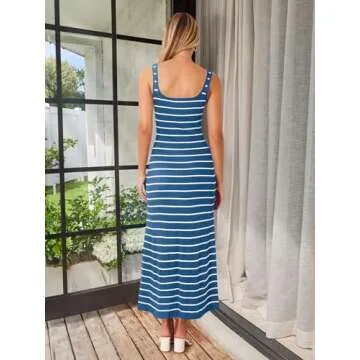 MEROKEETY Women's 2025 Sleeveless Summer Tank Dress Striped Bodycon Maxi Dress Square Neck Ribbed Knitted Sundress Dustyblue L