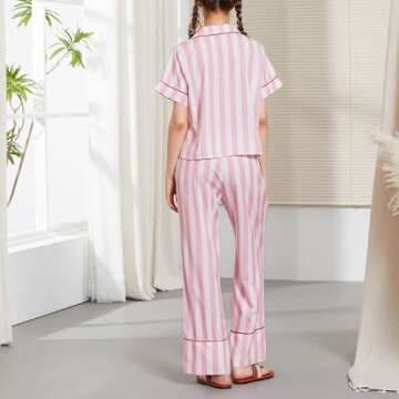 FOMOYUU Women Striped Pajama Set Short Sleeve Button Down Blouse and Gingham Wide Leg Lounge Pants S...