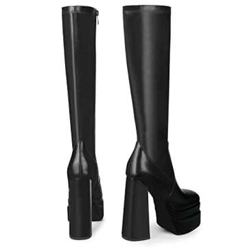 wetkiss Platform Knee High Boots Women Black Platform Boots for Women Black Gogo Boots Women's Knee-high Boots Chunky Boots for Women Long Boots 70s Boots Tall Boots Stretch Leather Square Toe Boots