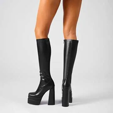 wetkiss Platform Knee High Boots Women Black Platform Boots for Women Black Gogo Boots Women's Knee-high Boots Chunky Boots for Women Long Boots 70s Boots Tall Boots Stretch Leather Square Toe Boots