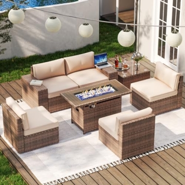 Aoxun 7 Pieces Patio Furniture Set Outdoor Wicker Rattan Furniture 44” Fire Pit Table Outdoor Sect...