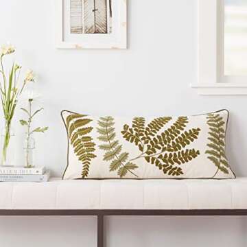 Creative Co-Op White Rectangle Cotton Pillow with Embroidered Green Ferns