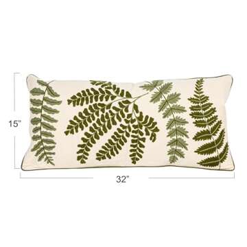 Creative Co-Op White Rectangle Cotton Pillow with Embroidered Green Ferns