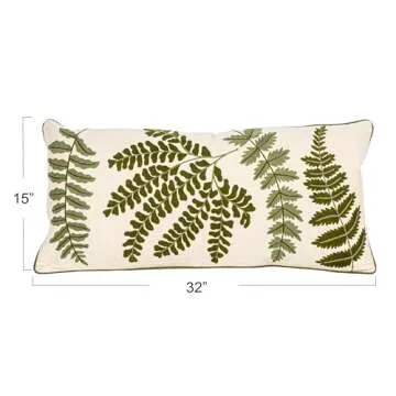 Creative Co-Op White Rectangle Cotton Pillow with Embroidered Green Ferns