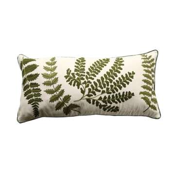 Creative Co-Op White Rectangle Cotton Pillow with Embroidered Green Ferns