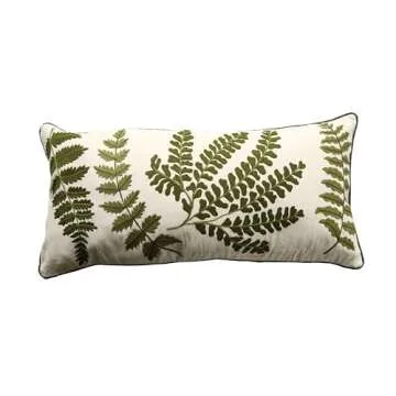 Creative Co-Op White Rectangle Cotton Pillow with Embroidered Green Ferns