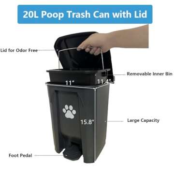 Dog Poop Trash Can for Outdoors with Extra Large Pooper Scooper & 50 Waste Bags - 20L/5 Gallon Large...