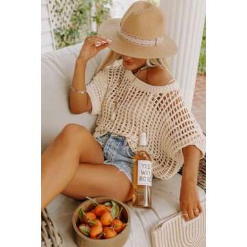 Dokotoo Womens Fashion Spring Summer Tops 2025 Short Sleeve Crochet Hollow Out Sweaters Scoop Neck Lightweight Thin Knit Pullover Apricot Large