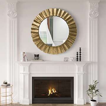 Gold Mirror, Handcrafted Round Wall Mirrors Decorative Modern Wall-Mounted Mirrors for Living Room, Entryway, Foyer, Hallway, Bedroom, 32IN Large Wall Mirror