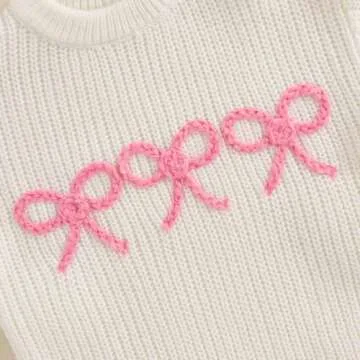 Baby Girl Winter Clothes Toddler Bow Embroidered Sweater Knit Sweatshirt Long Sleeve Crewneck Pullover Knitwear (White, 18-24 Months)
