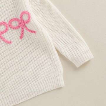 Baby Girl Winter Clothes Toddler Bow Embroidered Sweater Knit Sweatshirt Long Sleeve Crewneck Pullover Knitwear (White, 18-24 Months)