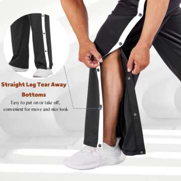 Deyeek Men's Tear Away Basketball Pants High Split Snap Button Casual Post-Surgery Sweatpants with Pockets Black