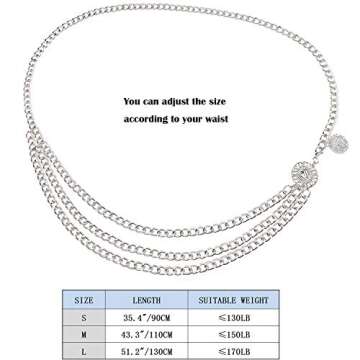 Suyi Silver Chain Belts for Women Waist Chain Belt Multilayer Body Belly Chain Plus Size 130CM Silver