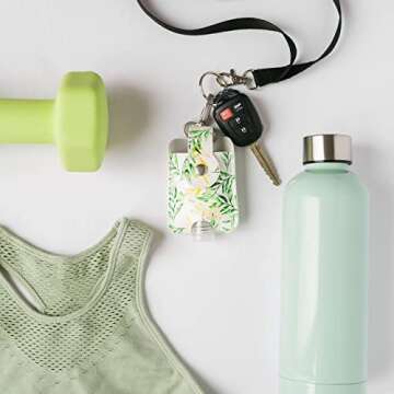 Vegan Leather Hand Sanitizer Holder Keychain Set - Floral Style