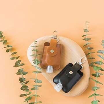 Vegan Leather Hand Sanitizer Holder Keychain Set - Floral Style