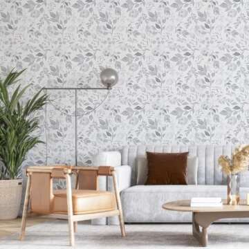 Mecpar Grey Breezy Leaves Wallpaper 17.71" x 118" Peel and Stick Wallpaper Watercolor Floral Leaf Co...