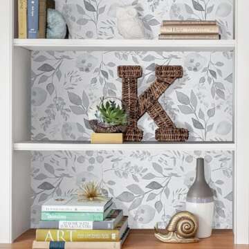 Mecpar Grey Breezy Leaves Wallpaper 17.71" x 118" Peel and Stick Wallpaper Watercolor Floral Leaf Contact Paper Self-Adhesive Vinyl for Cabinets Desk Accent Walls Wardrobe Furniture