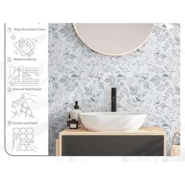 Mecpar Grey Breezy Leaves Wallpaper 17.71" x 118" Peel and Stick Wallpaper Watercolor Floral Leaf Contact Paper Self-Adhesive Vinyl for Cabinets Desk Accent Walls Wardrobe Furniture