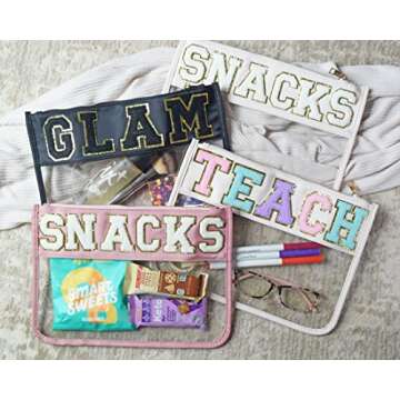 Clear Pouch with Patches, Varsity Letter Patches, Personalized Gift, Clear Bag, Makeup Bag, Snack Bag Pouch for Travel (Teach (ivory))