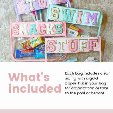 Clear Pouch with Patches, Varsity Letter Patches, Personalized Gift, Clear Bag, Makeup Bag, Snack Bag Pouch for Travel (Teach (ivory))