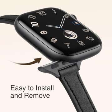 STIROLL Slim Leather Bands Compatible with Apple Watch Band 38mm 40mm 41mm 42mm(Series 10), Top Grain Leather Watch Thin Wristband for iWatch Ultra SE Series 10/9/8/7/6/5/4/3/2/1(Black with Black)