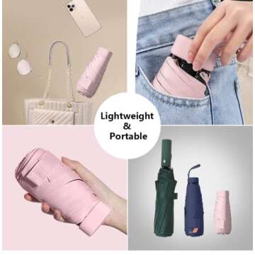 ESUFEIR Mini Travel Sun Umbrella for Purse With Case,Small Compact UV Umbrella Protection Sun,Lightweight Portable Parasol Umbrella Windproof for Women Men Kids (Pink)