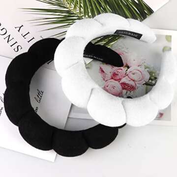 Spa Headband for Women, 2 Pack Makeup Headband Sponge Spa Headband Terry Towel Hair Band Accessories for Spa Face Washing Makeup Shower, Black and White