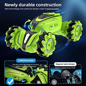 AONGAN RC Car, Remote Control Crawler, RC Stunt Car with Gesture Controller, 2.4 Ghz Rechargeable Transformable Remote Control Car with Impressive Sound, Ideal Gift for Kids Aged 6+ Years Old, Green