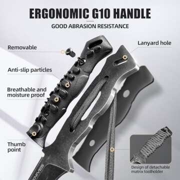 ZUNE LOTOO Tactical Survival Knife with Kydex Sheath, D2 Steel Fixed Blade Knives & G10 Handle, Full Tang Knife for Men Camping Hiking Hunting Knife Bushcraft Black