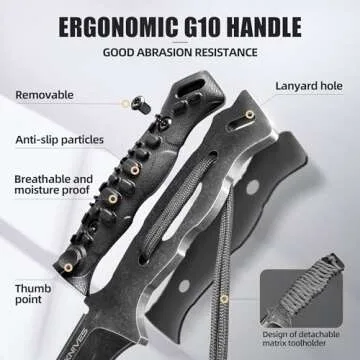 ZUNE LOTOO Tactical Survival Knife with Kydex Sheath, D2 Steel Fixed Blade Knives & G10 Handle, Full Tang Knife for Men Camping Hiking Hunting Knife Bushcraft Black