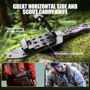 ZUNE LOTOO Tactical Survival Knife with Kydex Sheath, D2 Steel Fixed Blade Knives & G10 Handle, Full Tang Knife for Men Camping Hiking Hunting Knife Bushcraft Black