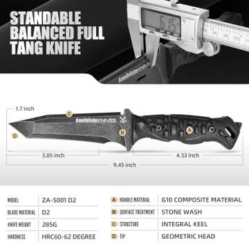 ZUNE LOTOO Tactical Survival Knife with Kydex Sheath, D2 Steel Fixed Blade Knives & G10 Handle, Full Tang Knife for Men Camping Hiking Hunting Knife Bushcraft Black