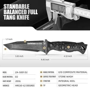 ZUNE LOTOO Tactical Survival Knife with Kydex Sheath, D2 Steel Fixed Blade Knives & G10 Handle, Full Tang Knife for Men Camping Hiking Hunting Knife Bushcraft Black