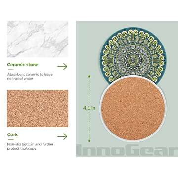 InnoGear Coasters for Drinks Absorbent Ceramic Coasters for Coffee Wooden Table Cork Heat-Resistant Reusable Drink Coaster, Gift for Birthday Housewarming Kitchen Bar