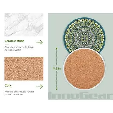 InnoGear Coasters for Drinks Absorbent Ceramic Coasters for Coffee Wooden Table Cork Heat-Resistant Reusable Drink Coaster, Gift for Birthday Housewarming Kitchen Bar