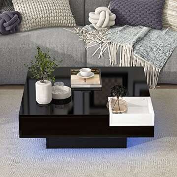 Modern Coffee Table with LED Lights, High Gloss Coffee Table with Detachable Tray,16-Color LED Light and Remote Control Square Cocktail Table with Plug-in Lighted Side Table for Living Room(Black)