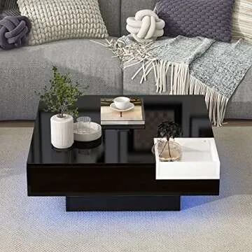 Modern Coffee Table with LED Lights, High Gloss Coffee Table with Detachable Tray,16-Color LED Light and Remote Control Square Cocktail Table with Plug-in Lighted Side Table for Living Room(Black)