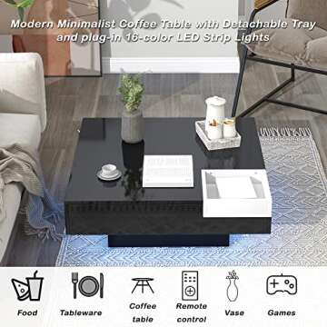 Modern Coffee Table with LED Lights, High Gloss Coffee Table with Detachable Tray,16-Color LED Light and Remote Control Square Cocktail Table with Plug-in Lighted Side Table for Living Room(Black)