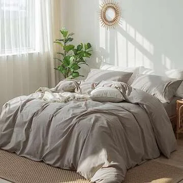 MooMee Bedding Duvet Cover Set 100% Washed Cotton Linen Like Textured Breathable Durable Soft Comfy (Brownish Grey, King)