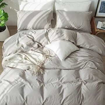 MooMee Bedding Duvet Cover Set 100% Washed Cotton Linen Like Textured Breathable Durable Soft Comfy (Brownish Grey, King)