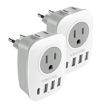 2 Pack European Travel Plug Adapter with USB C Port and American Outlets