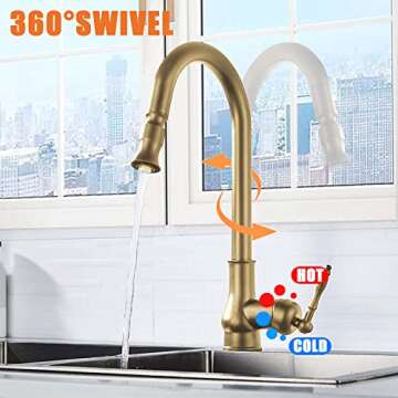 Single Handle Kitchen Faucet,Antique Copper One Hole Pull Out Pull Down Widespread Brass Faucet Body with Cold Hot Mixer Hoses