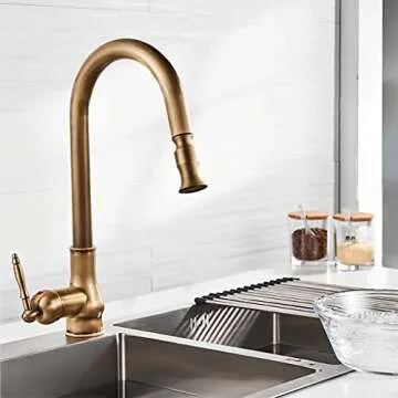 Single Handle Kitchen Faucet,Antique Copper One Hole Pull Out Pull Down Widespread Brass Faucet Body with Cold Hot Mixer Hoses