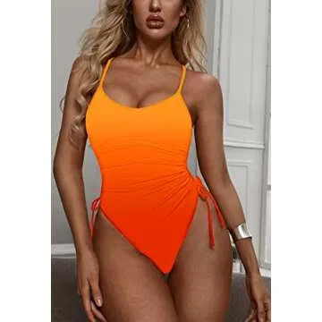 Viottiset Women's Drawstring One Piece Swimsuit Tummy Control High Cut Cheeky Bathing Suit Monokini Gradient Orange L