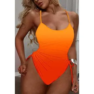 Viottiset Women's Drawstring One Piece Swimsuit Tummy Control High Cut Cheeky Bathing Suit Monokini Gradient Orange L
